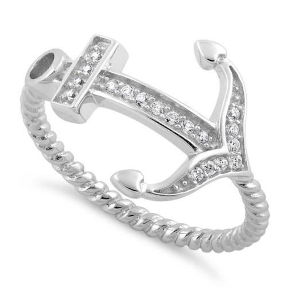 Sterling Silver Anchor CZ Ring New